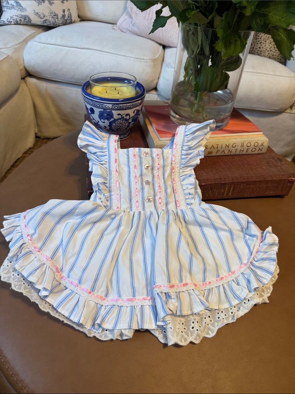 Classic Blue & White Striped Ruffle Kids Dress with Pink Trim